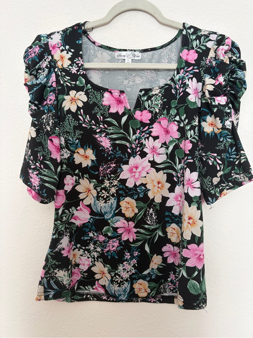 Floral Puff-Sleeve Top - Black with Pink & Cream Flowers